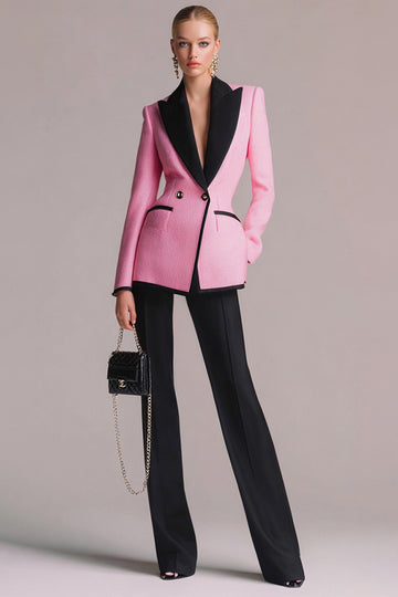 Black Pink Slim Fit Peak Lapel 2 Piece Women Suits